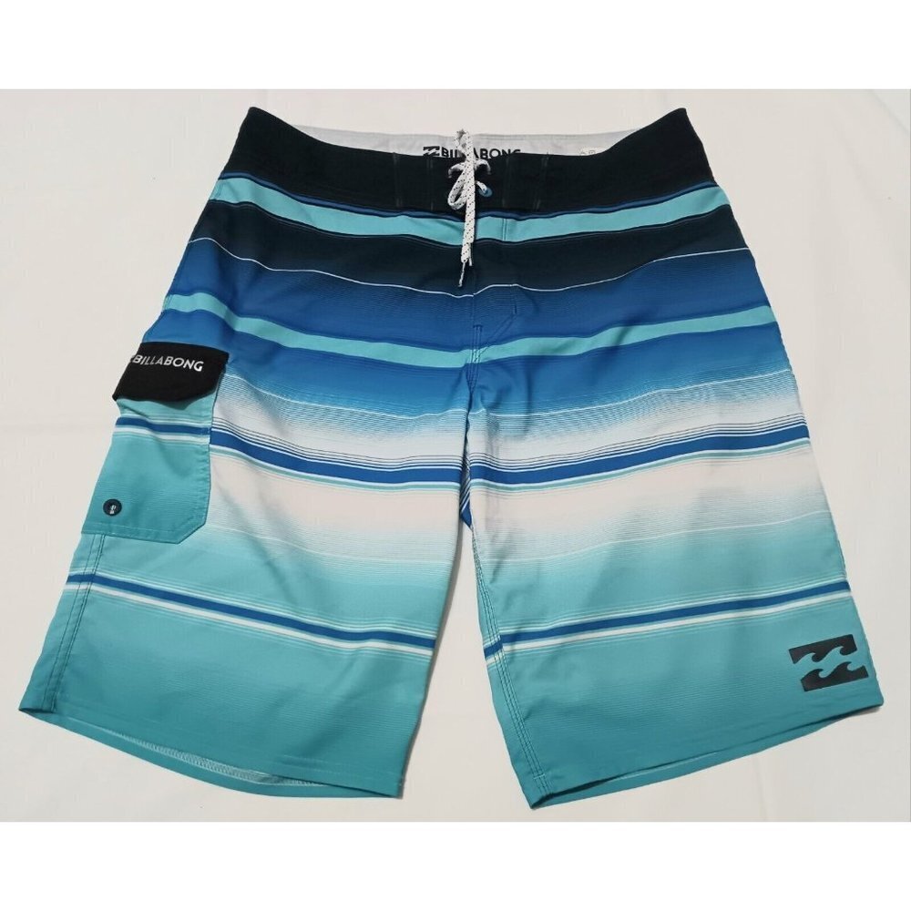 BILLABONG Platinum X All Day Board Shorts 31 Blue Black Striped Stretch Pocket